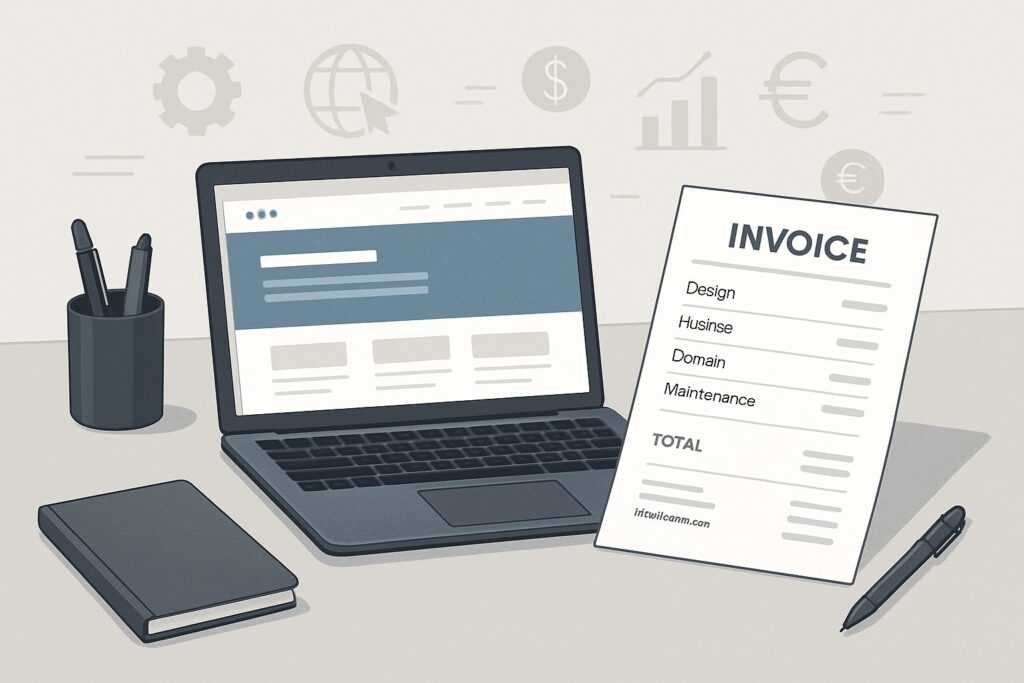 Et skrivebord med en bærbar computer, en faktura med omkostninger til hjemmeside og ikoner for webudvikling og økonomi.
