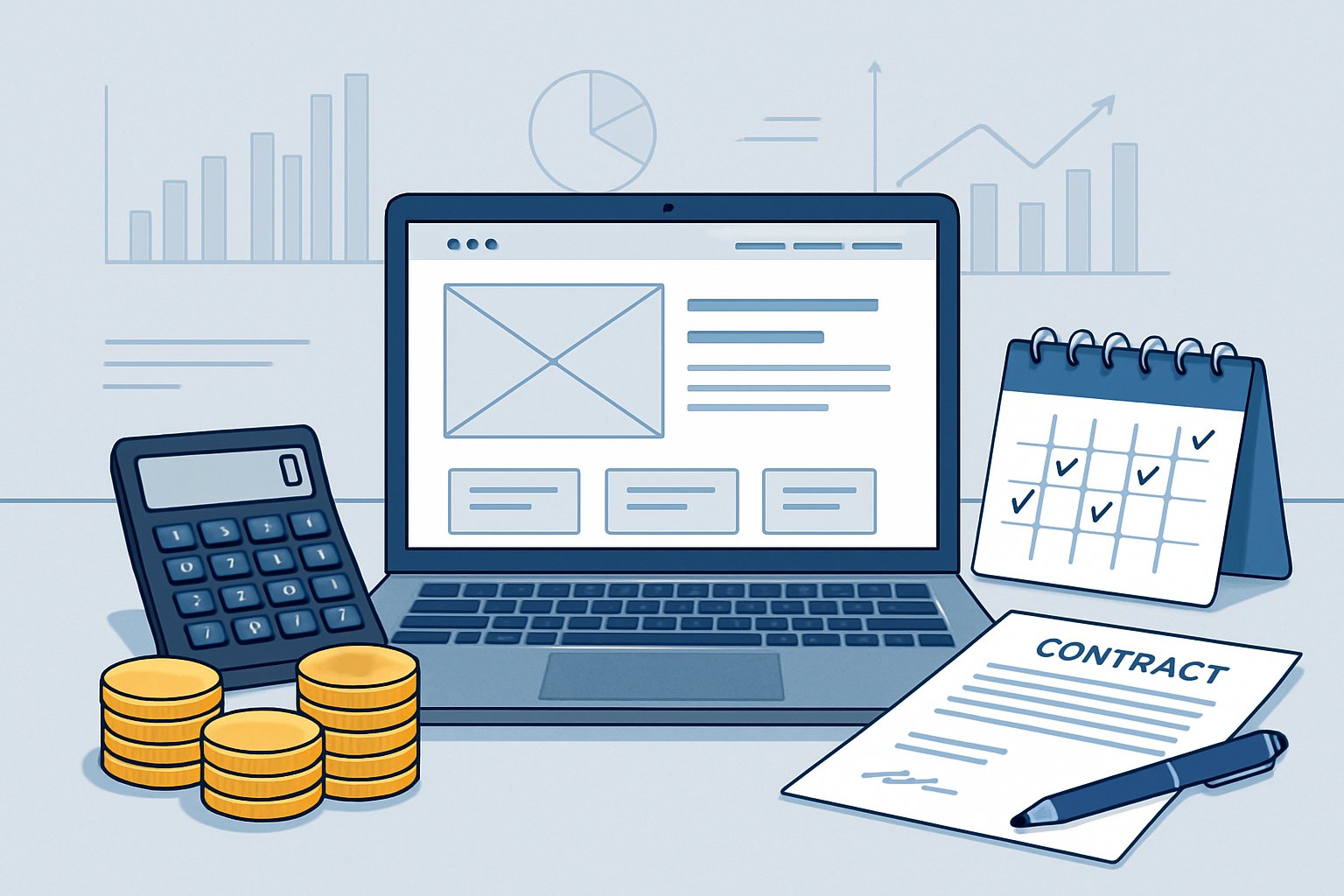 Et skrivebord med en bærbar computer, en lommeregner, mønter, en kalender og et kontraktdokument, der illustrerer faktorer, der påvirker prisen og omkostningerne ved en hjemmeside.