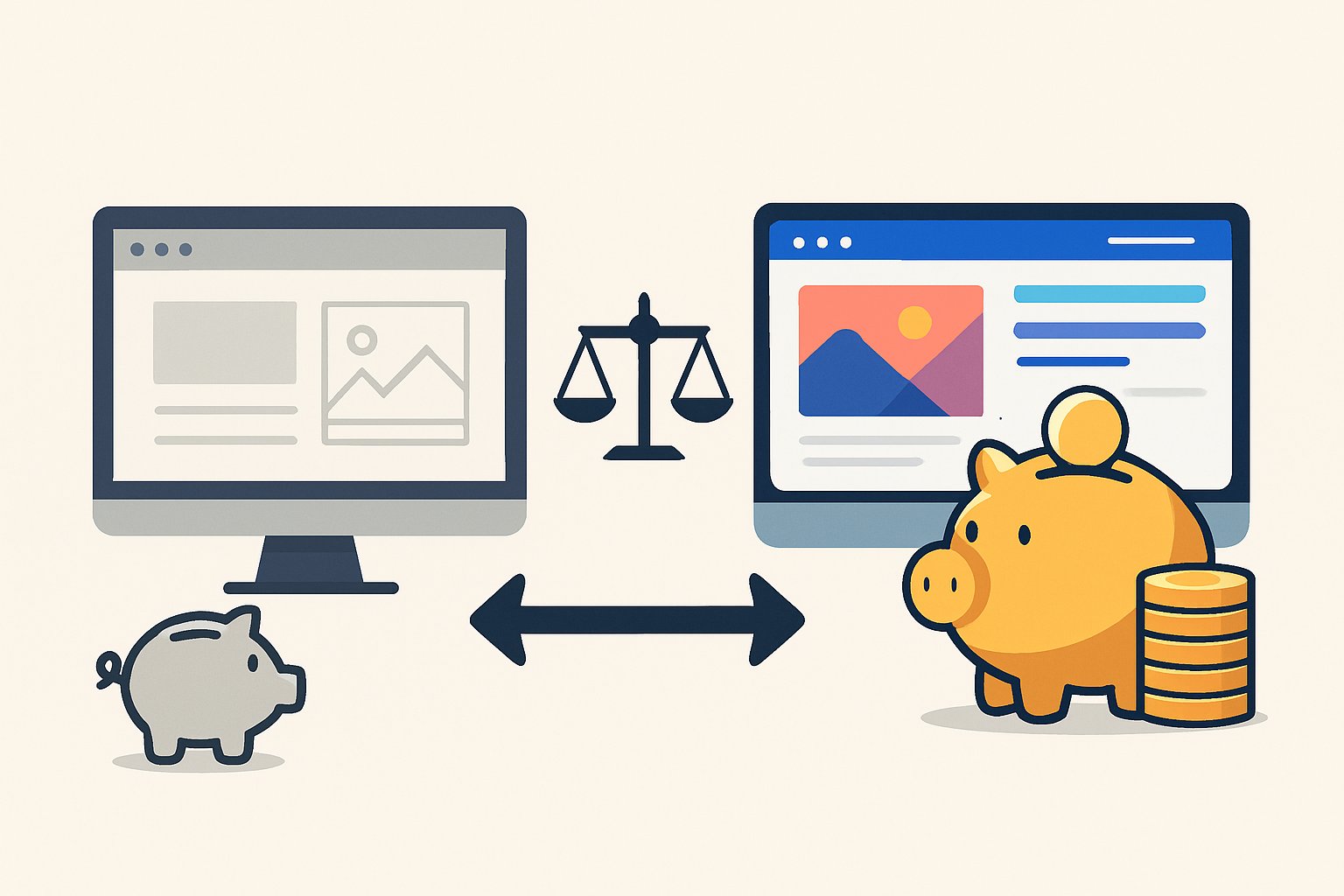 En illustration der viser forskellen mellem en billig hjemmeside med enkel skærm og en professionel hjemmeside med avanceret design og større økonomisk investering.